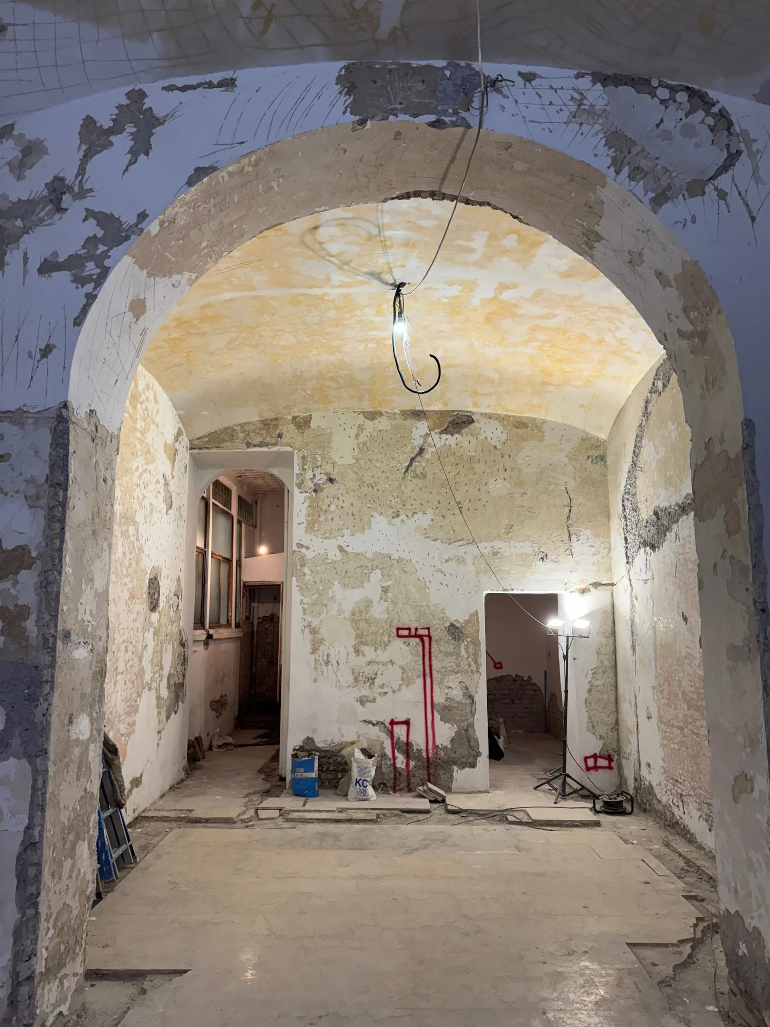 Christina Roma — the vaulted shell before restoration, plaster stripped to the brick