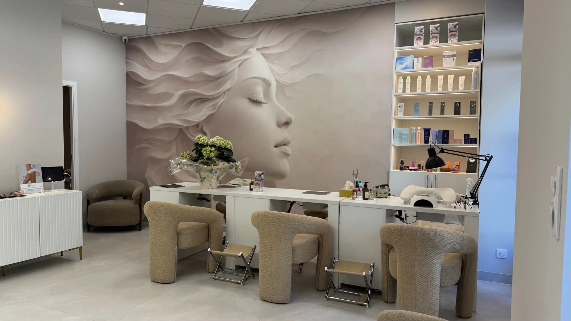 Larimar — the sculpted plaster face behind the styling stations