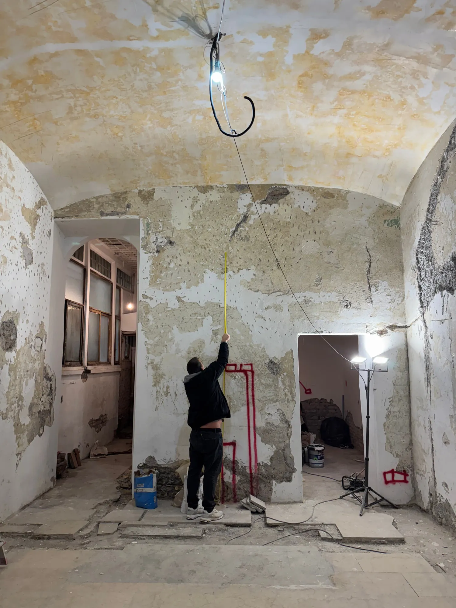Christina Roma — the vaulted shell before restoration, plaster stripped to the brick
