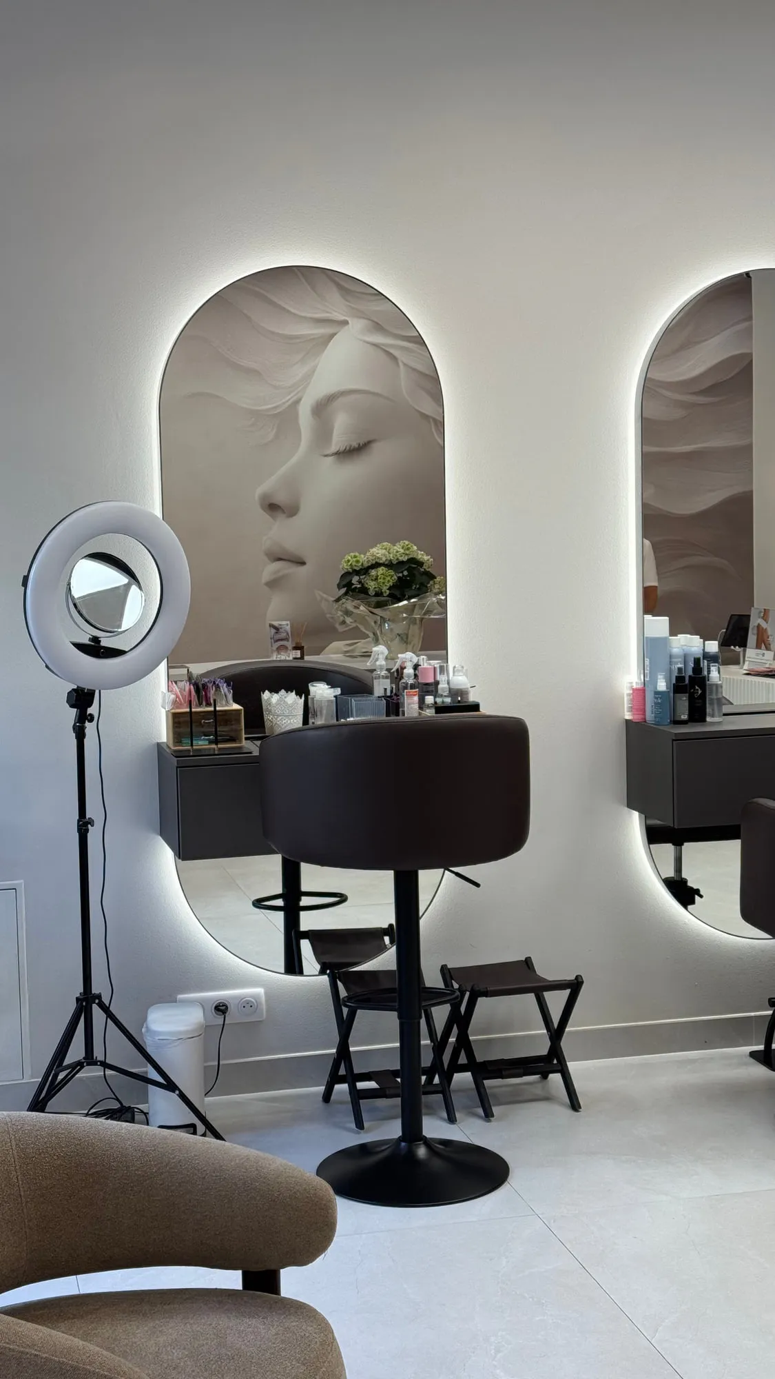 Larimar — the sculpted plaster face behind the styling stations